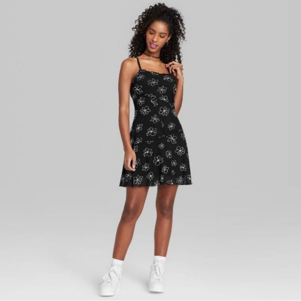 Black Spaghetti Strap Y2K Flower Pattern Mini Dress